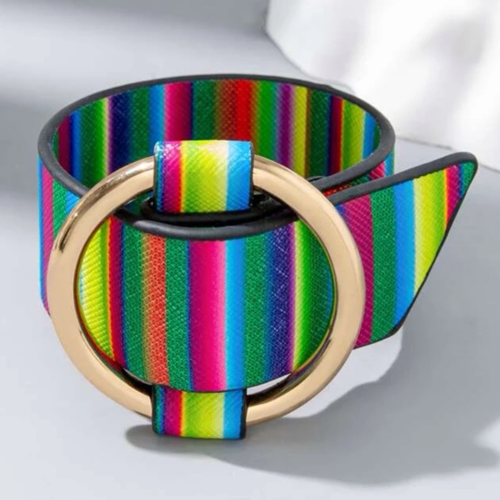 80s Inspired Rainbow Striped Cuff Bracelet with Large Gold Round Buckle Closure